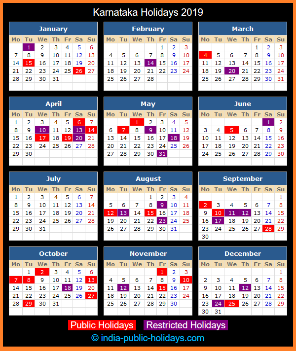 Karnataka Holiday Calendar 2019